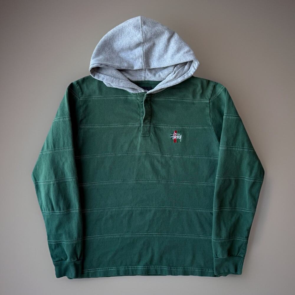 Stussy Hooded Shirt Small Green Long Sleeve Hooded Rugby Streetwear California